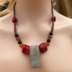 Brutalist Statement Stone & Beaded Tribal Necklace